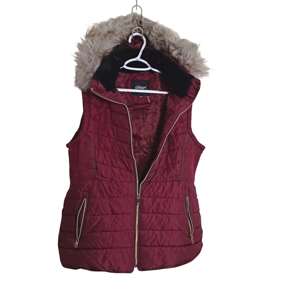 Special One Girls XL Maroon Quilted Puffer Zip Vest Faux Fur Hood Soft Collar